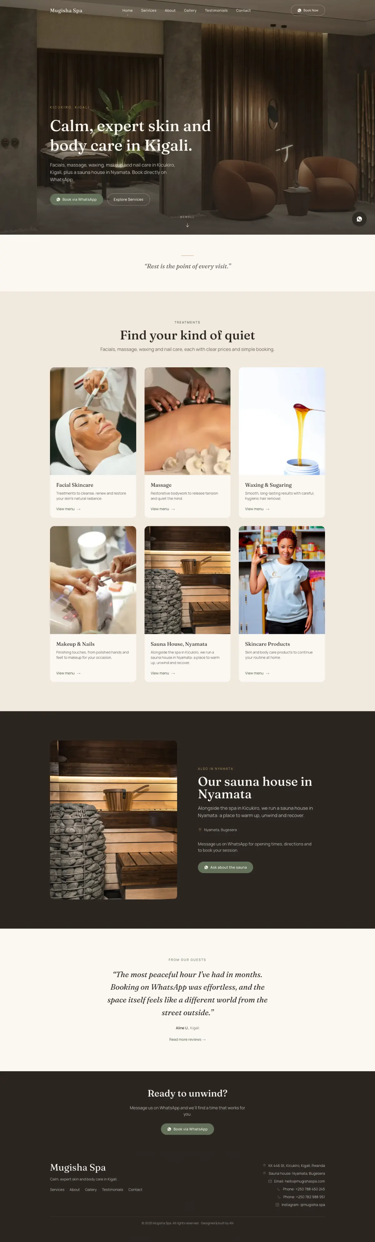 Mugisha Spa website on desktop